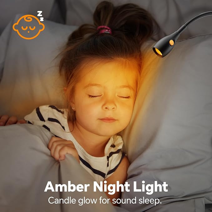 Wall/Headboard Mounted Reading Light with Lamp Head Switch | Minimalist Design, USB-C Powered, CRI 95+,4000K + Amber Nightlight,8–100% Dimmable, Metal Gooseneck,For Home Bedroom Bedside