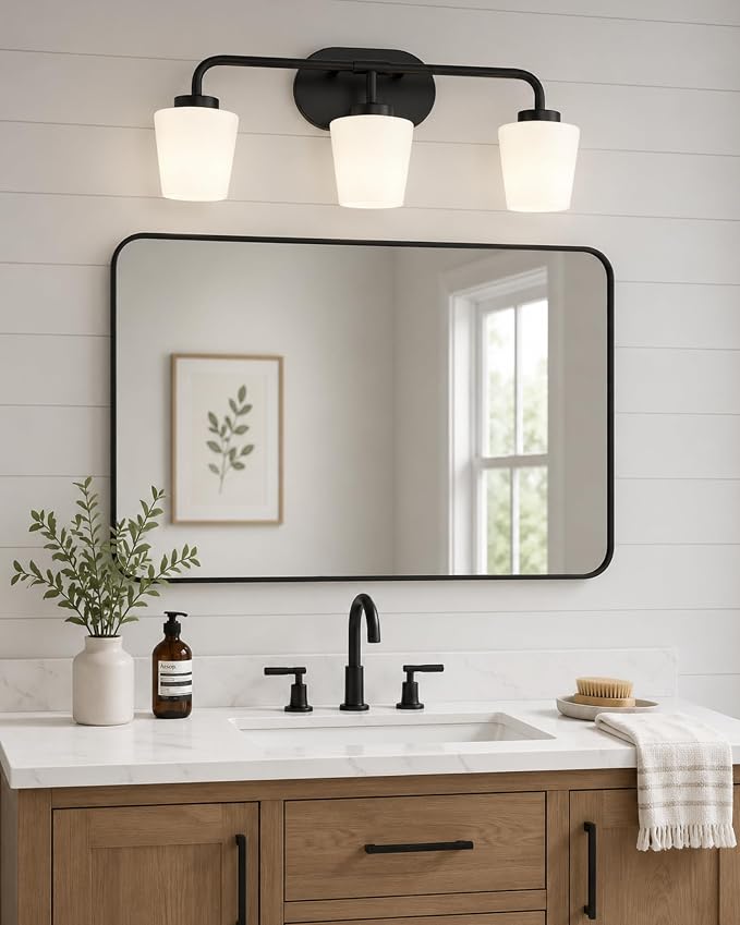 Bathroom Light Fixtures Over Mirror, 3-Light Matte Black Vanity Lighting Fixtures with Milk White Glass, Vintage Farmhouse Wall Sconces Lighting, AD-22004-3W-BK