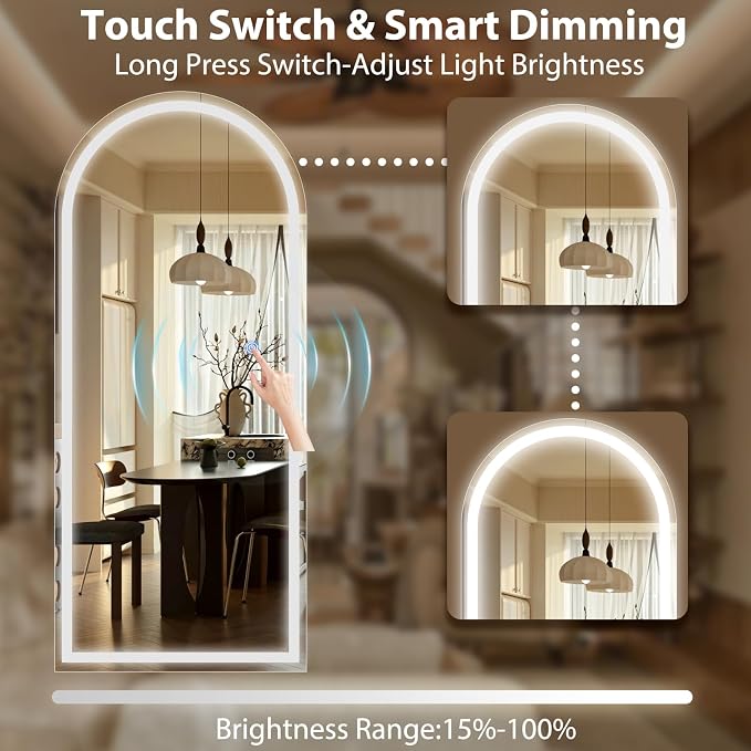 Arched LED Full Length Mirror - 65"x26" Full Body Standing Mirrors | Floor Mirror with Light, Shatterproof Tempered Glass-Dimmable & 3 Color Lighting/Wall Mounted Mirror for Bedroom/Cloakroom