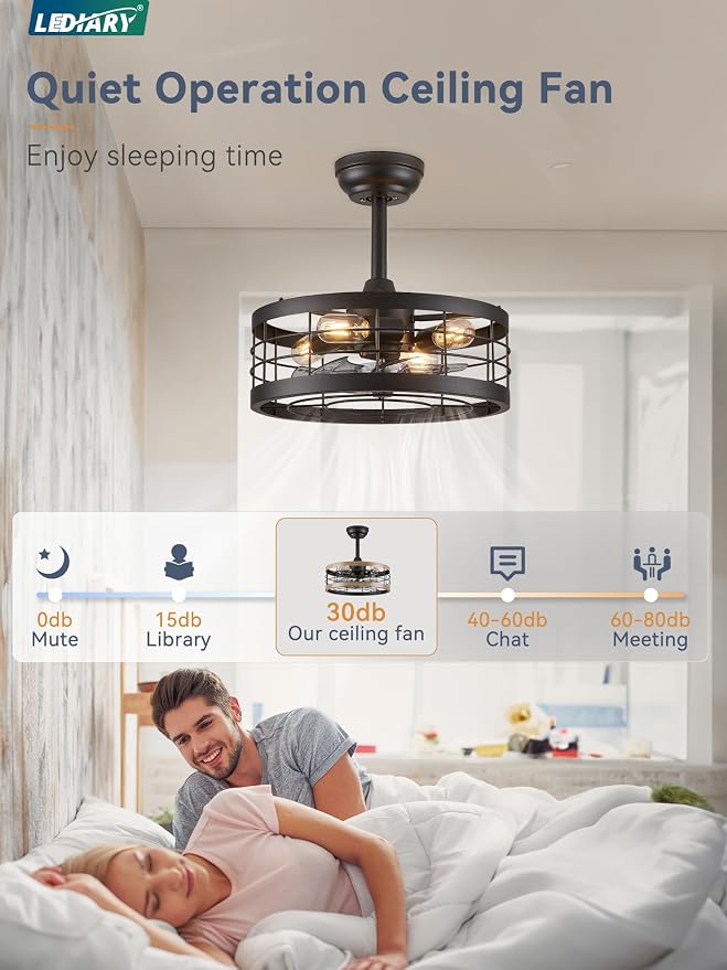 LEDIARY 16.5 inch Caged Fandelier Ceiling Fan Light with Remote, Black | 6 Speed Adjustable,Timing, Quiet & Powerful DC, Small, Farmhouse, Industrial, Enclosed, Bladeless, Bedroom, Kitchen, Downrod