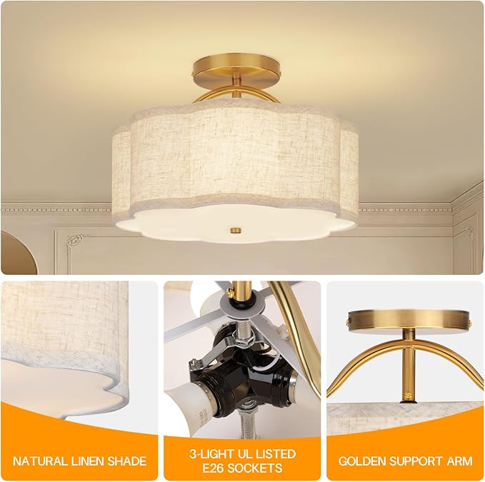 CALOKES Semi Flush Mount Ceiling Light, 11.8" Modern 3-Light Fixture with Petal-Shaped Cream Beige Linen Shade and Golden Support Arm, Ideal for Bedroom, Kitchen, Living Room, Hallway, and Entryway