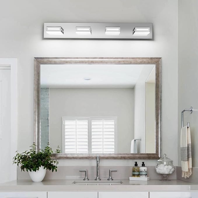 LED Modern Bathroom Light Fixtures, 4-Light 30-Inch Chrome Vanity Lights for Bathroom Lighting Fixtures Over Mirror, 6000K Cool White 350° Rotatable Wall Lamp