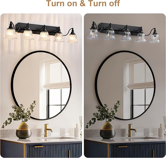 Black Vintage Bathroom Vanity Light Fixture, 5-Light Vanity Light for Bathroom, Antique Matte Black Finish with Crystal Glass Shade, Lighting Fixtures Over Mirror for Bedroom Living Room