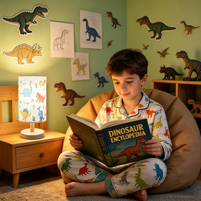 Dinosaur Lamp for Kids Bedrooms Bedside,Dinosaur Room Decor for Boys, 3-Way Dimmable LED Small Night Light with Linen Fabric Lampshade and Wood Base for Bedrooms Living Study,Dino Gifts for Boys