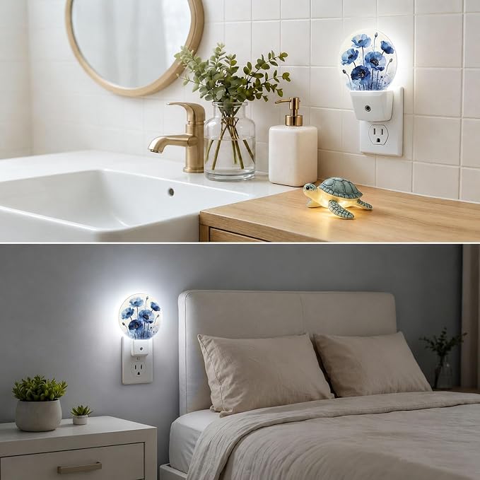Night Light Watercolor Blue Flower Night Lights Plug into Wall Auto on/off | Tulip Floral Plug-in Night Light with Dusk to Dawn Sensor, Energy Saving Nightlight for Hallway Kitchen Living Room