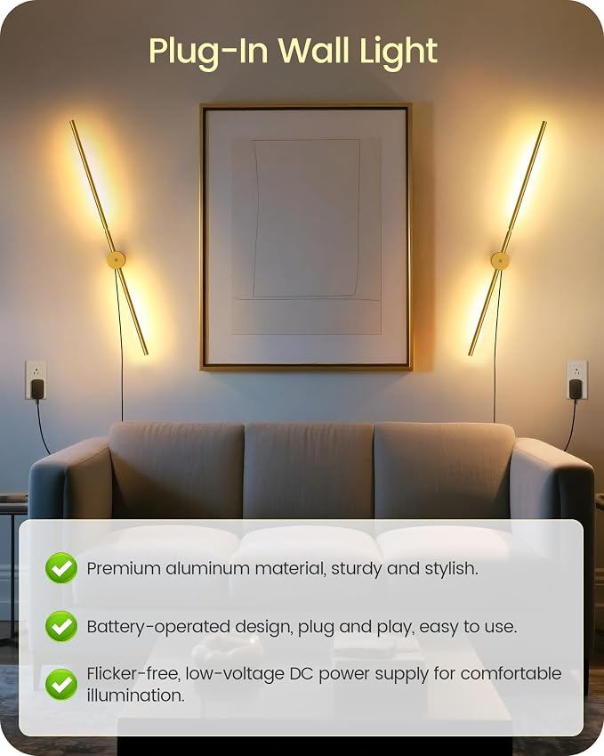 33" Wall Sconces Set of 2 with Remote Control, Dimming & 3 Color Temperatures, Plug-in Gold Wall Lights for Bedroom, Living Room, Adjustable Brightness & Rotatable Lamp Post, D09YBP205