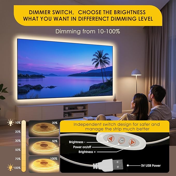 5V USB 6.56ft LED Light Strip, COB LED Strip Lights, High Brightness Tape Lights, Day White 5000K LED Strip Lights for TV,Cabinet, Kitchen,Living Room and Shelving