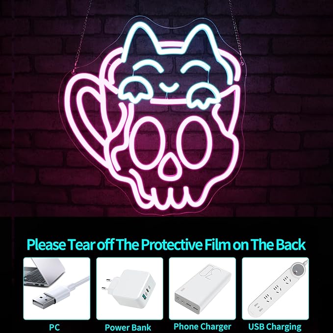 Neon Sign, JGHTURIE Cup Neon Signs for Wall Decor Funny Skull Cat Light Up Sign USB Powered Pink Led Signs for Man Cave Business Coffee Cafe Shop Bakery Hotel Store