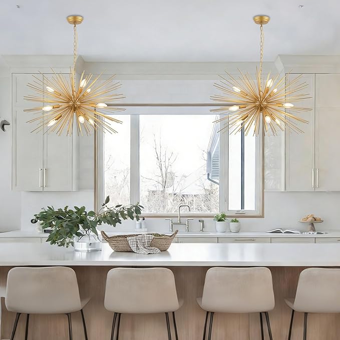 29" Modern Sputnik Chandelier 9-Lights Mid Century Modern Starburst Golden Chandelier Luxury Gold Solid Metal Sputnik Satellite Chandeliers for Dining Room, Kitchen Island, Bedroom