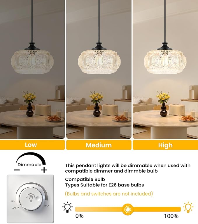 Semi Flush Mount Ceiling Light, Pendant Lights Kitchen Island | 12" Large Glass Shade, Modern Pendant Light Adjustable Hanging Light for Kitchen Island Dining Room Bedroom Hallway Bathroom