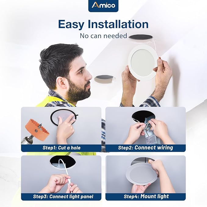 Amico 4 Pack 7 Inch 5CCT Ultra-Thin LED Canless Recessed Ceiling Light with Junction Box, 2700K/3000K/3500K/4000K/5000K Selectable, 15W=100W, 1300LM High Brightness, Dimmable Wafer Downlight-ETL&FCC