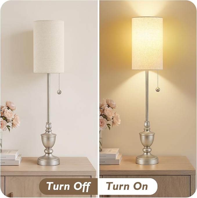 Buffet Table Lamps Set of 2 - 28" Tall Skinny Brushed Nickel Finish Resin Table Lamp for Living Room,Traditional Candlestick Lamp with Pull Chain for Console Table,Dining Room,Entryway,Hallway,Bedside