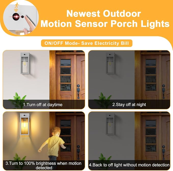 Porch Lights with GFCI Outlet, 2-Pack Motion Sensor Outdoor Lights | Dusk to Dawn, Anti-Rust, Waterproof, Tempered Glass, Easy Installation, E26 Socket, Exterior Lighting for Patio Garage, White