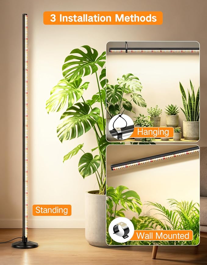 OUTON Standing Grow Lights for Indoor Plants, 48W Full Spectrum Plant Light | Vertical grow light with 280 LEDs, 6000K, 4/8/12H Timer, Remote Control, Adjustable 1.25-6.4 ft for Indoor Plant Growth