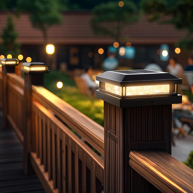 Solar Post Cap Lights Outdoor 16 Packs for 4x4 5x5 Vinyl/Wooden Posts, Waterproof Solar Powered Fence Cap Light with Warm/Cool Lighting, Black 16LEDs Deck Caps Lights for Yard, Garden, Patio