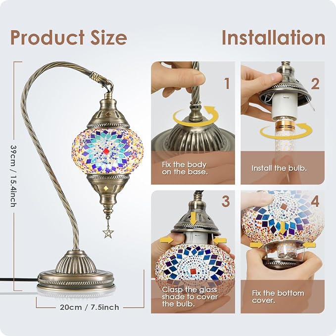 Yarra-Decor Turkish Moroccan Lamp with Bronze Base 3 Color Options Handmade Swan Neck Mosaic Glass Bedside Lamps for Bedroom (LED Bulb Included)(Blue1)