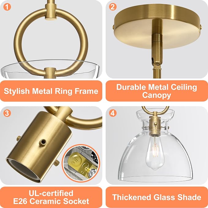 Gold Pendant Light Kitchen Island with 9.84'' Clear Glass Shade | Modern Pendant Lighting Over Sink, Adjustable Hanging Ceiling Light, E26 Dimmable Hardwired for Dining Room Hallway, 1-Pack
