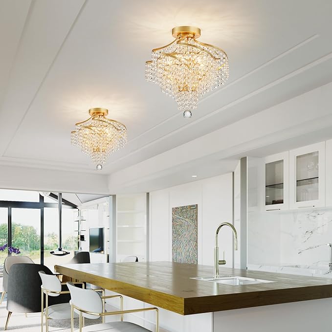 WUZUPS Crystal Chandelier Semi Flushmount Ceiling Light Modern Lighting Fixture for Bedroom Hallway Bar Kitchen Bathroom, H 14.7" x W 14.7", Gold, G9 Base