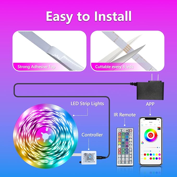 FONEWE Smart WiFi LED Lights 200 ft Remote Control Through APP Led Strip Lights Supports Alexa and Google Assistant Timing Function RGB Color Changing LED Lights for Bedroom and Party