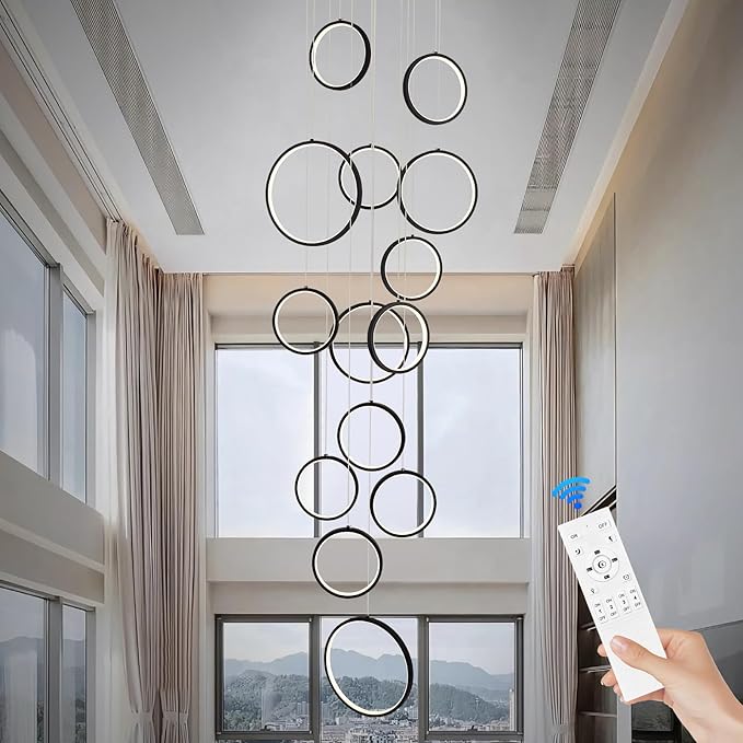 14 Ring High Ceiling Chandelier Foyer, Black Modern LED Large Staircase Long Chandeliers Light Fixture with Remote for Staircase Entryway Living Room Dining Room(118in, 3000K-6500K)