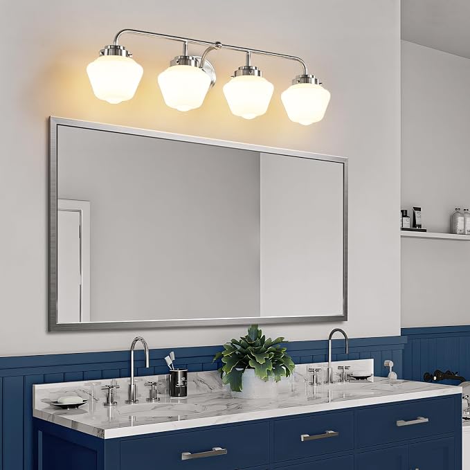 RUIYEY Bathroom Vanity Light Fixtures: 4-Lights Brushed Nickel Vintage Light Fixtures for Bathroom Above Mirror, Wall Lights Indoor with Frosted Milky Glass for Bath Bedroom