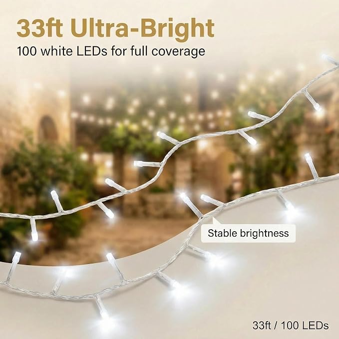 White Christmas Lights - 100 LED 33ft String Lights for Bedroom Indoor, 8 Modes Fairy Twinkle Lights Plug in, Waterproof Outdoor Hanging Lights for Room, Xmas Tree, Garden & Party Decor
