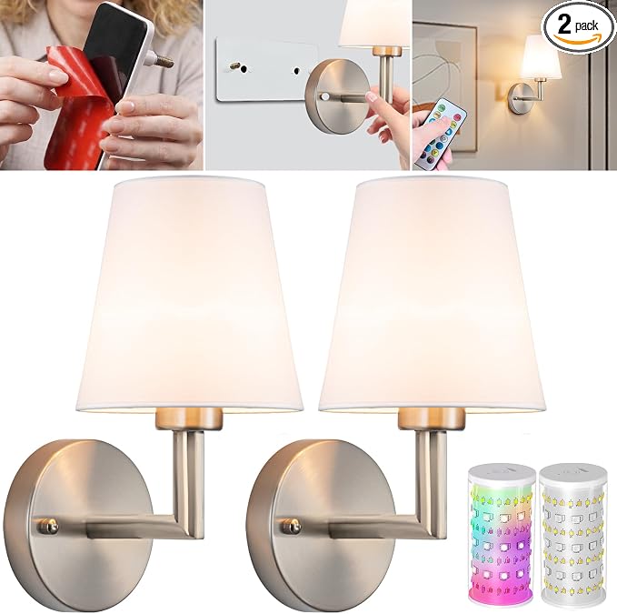 Vimhou Peel and Stick Wall Sconces, Stick On Wall Sconce Set of 2, Battery Operated Wireless Wall Light, No Drill Adhesive Wall Lamp, Corn Bulb with 10000mAh Rechargeable Battery, Bedroom Wall Decor