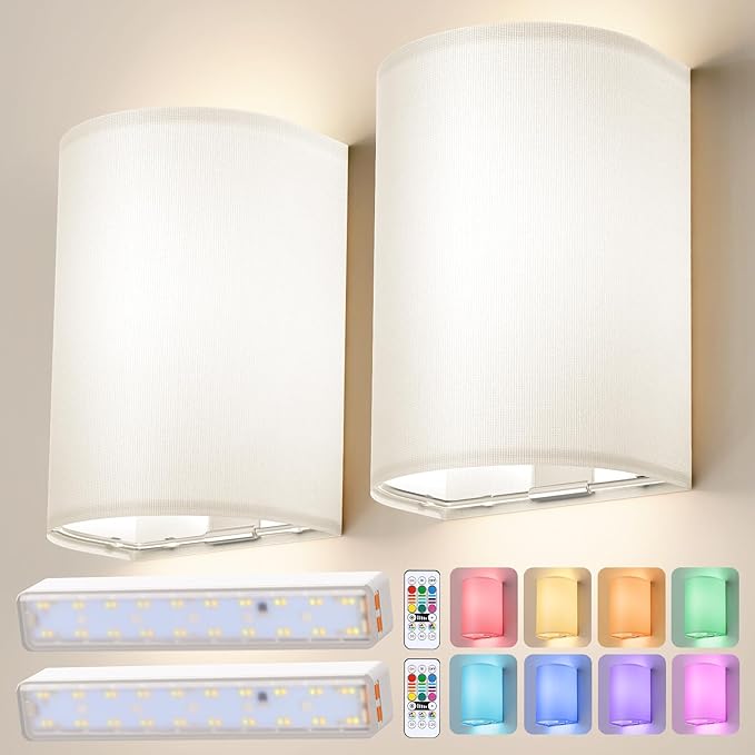 OCATO Wall Sconces Battery Operated Wireless Wall Sconces Set of Two | Battery Operated Magnetic Lamp Rechargeable Lights Dimmable with 16 RGB Walls Decor with Remote Timer for Bedroom Living Room