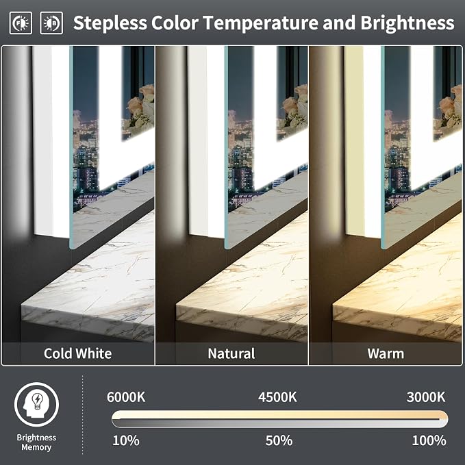 LED Mirror for Bathroom, 48x36 Inch Backlit + Front Lighted Bathroom Vanity Mirror with Lights for Wall, Double Light Strips, 3 Colors, Shatter-Proof, Anti-Fog and Brightness Memory | Bathroom Vanity Mirror with Lights for Wall, Double Light Strips, 3 ...