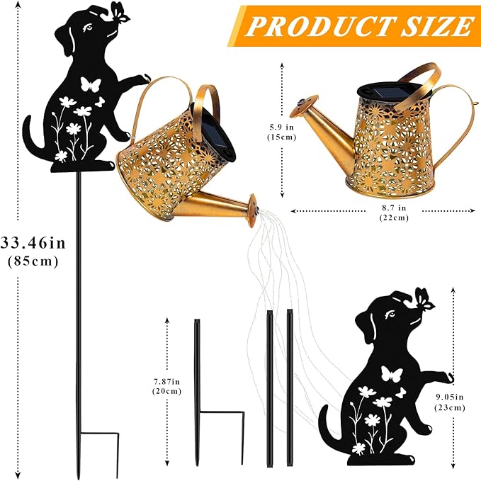 Christmas Gifts Solar Lights Outdoor Decorative, Watering Can with Cascading Lights, with Dog Silhouette Garden Stakes, Waterproof Metal Garden Decor 2 Pack