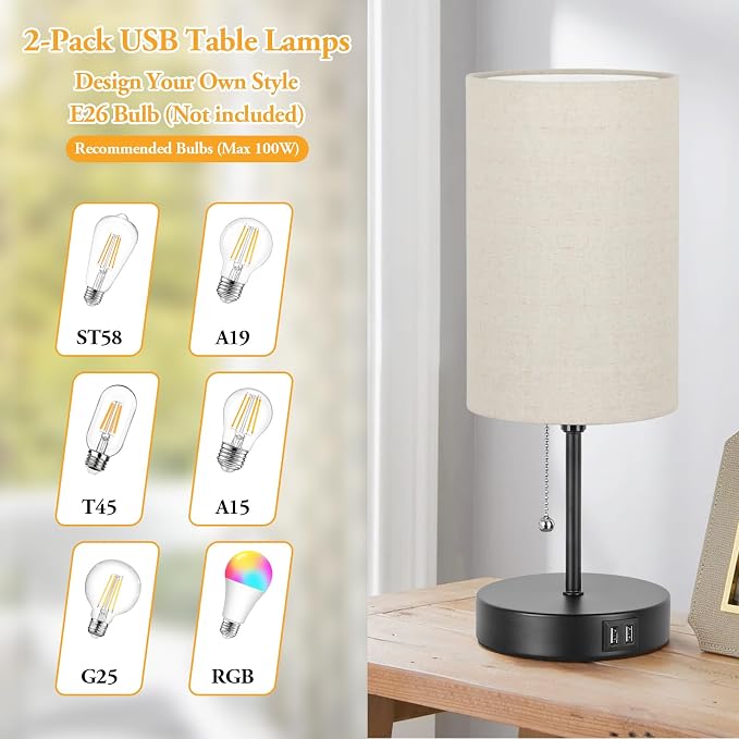 2 Sets Table Lamps with 2 USB, Minimalist Beside lamps for Bedroom, Nightstand Lamps with Pull Chain, Desk Lamps with Cream Fabric Shade and Black Metal Base for Living Room, Home Office Reading Hotel
