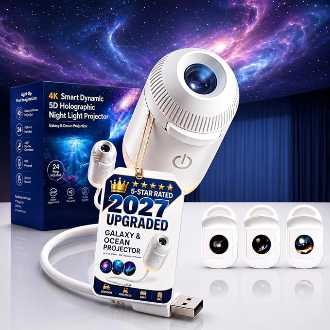 HD Smart Dynamic 5D Holographic Night Light Projector, 2-in-1 Galaxy Projector Night Light for Bedroom, Plug and Play HD Star Projector with 24 Ocean Films, 360° Rotating USB Ceiling Light (3PCS)