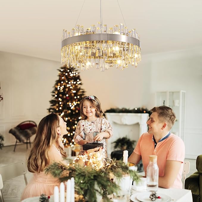 Siljoy 23.6 Inch Modern Crystal Chandelier, Luxury 2-Tiers K9 Crystal Raindrop Chandelier, Dimmable Crystal Pendant Ceiling Light for Dining Room Kitchen Island Entryway Foyer, E12 x 12