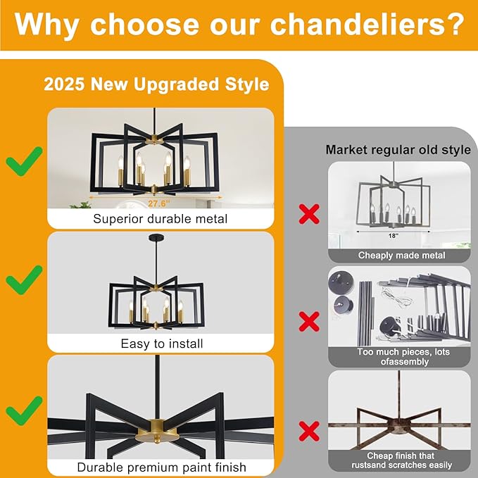 27.6" Modern Black and Gold Chandelier for Dining Room, 8-Light Easy To Install Farmhouse Dining Room Light Fixture Over Table, Industrial Hanging Pendant Lights for Kitchen Island, Foyer, Entryway