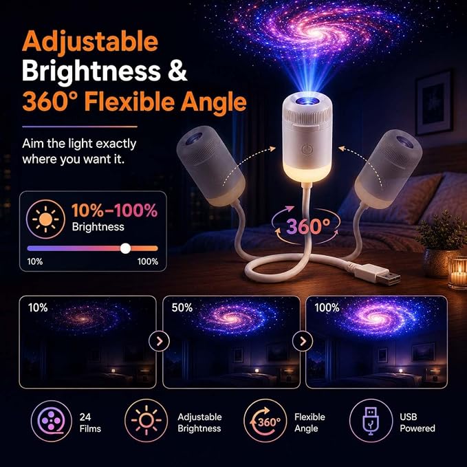 2027 New Hd Smart Dynamic 5d Holographic Night Light Projector 2-in-1 Galaxy Star and Ocean Projector with 24 Films, 360° Rotating USB Powered Ceiling Light for Bedroom