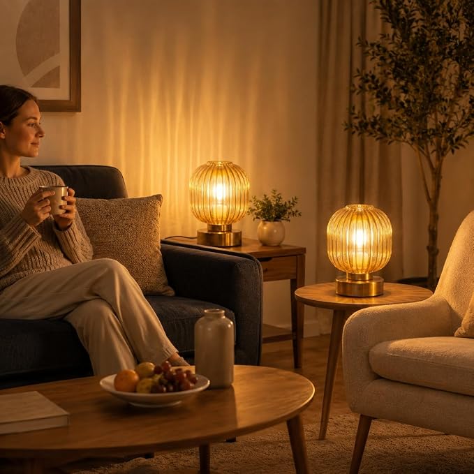 Elenhome Amber Touch Glass Table Lamp Set of 2, 3-Way Dimmable Bedside Lamps, Vintage Mid-Century Modern Nightstand Lamps for Bedroom and Living Room, Ambient Mood Lighting, LED Bulb Included