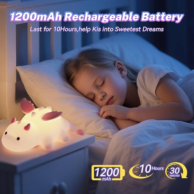 AVEKI Pink Dragon Night Light, Cute Baby Dragon Lamp Gifts for Girls and Princess, 10 Modes Adjustable Touch Baby Light, Rechargeable Nursery Lamp with Timer, Portable Nightlight for Kids Girl