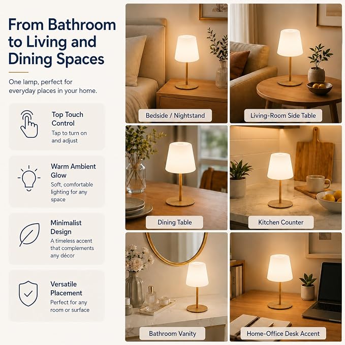 Rechargeable Table Lamp, Cordless Shower Lamp for Bathroom, IP65 Wood Grain | Bathroom To Bedside Glow, Touch-Dim Comfort, 4000mAh USB-C Ease, 12-24H Light, 3 Light Moods, 2-Height Fit