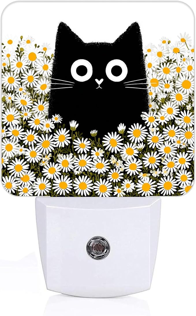 Cute Cat and Daisy Night Light,Plug Into Wall for Boys Girls Bedroom Decorative Square Night Light Lamp 0.5w Sleep Friendly