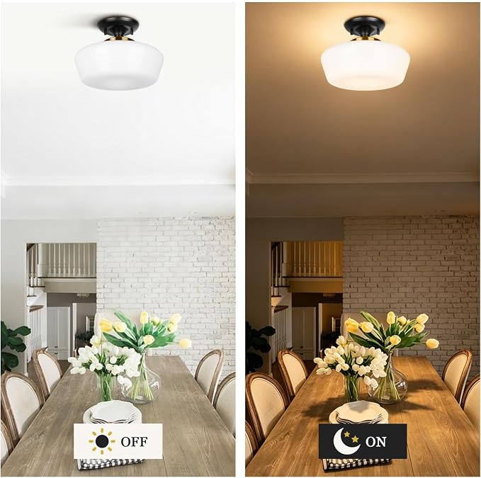 Schoolhouse Style Semi Flush Mount Ceiling Light Fixture, 12" Modern Black and Gold Ceiling Lamp with Opal Milk Glass Shade, Matte Black & Brass Farmhouse Globe Light for Bedroom Hallway Entryway