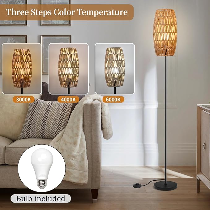 Ruiever Floor Lamp for Living Room,Farmhouse Floor lamp,Modern Standing lamp with Hand-Worked Rattan Shade (Drum Shade-with Remote)