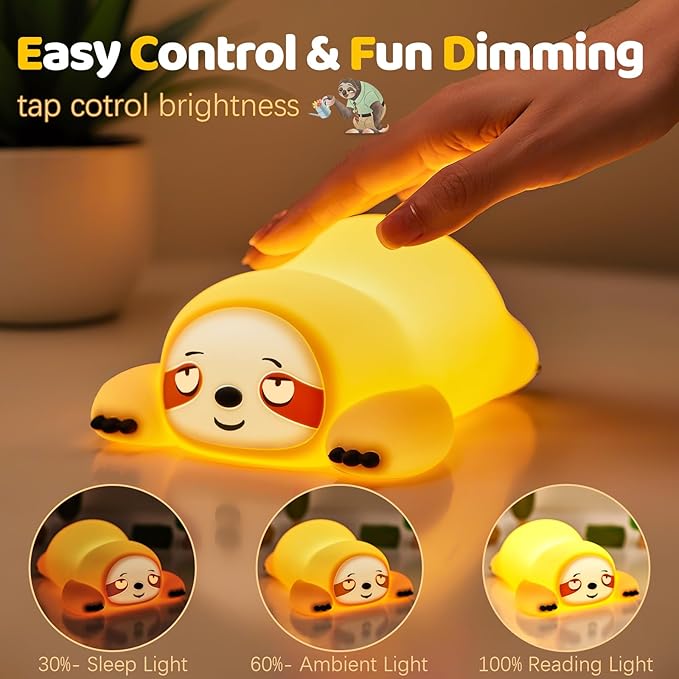 Cute Sloth Gifts Night Light, Funny Sloth Lamp, Rechargeable Squishy Dimmable Weird Nightlight, LED Novelty Animal Cute Stuff, Room Dorm Décor, Silicone Touch Light Up Sloth for Baby Kids