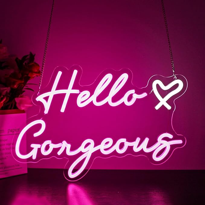 Hello Gorgeous Neon Sign, HSJNJKFU Neon Signs for Wall Decor Beer Bar Led Light Signs for Man Cave Decor Pink Led Neon for Room Birthday Party USB Powered