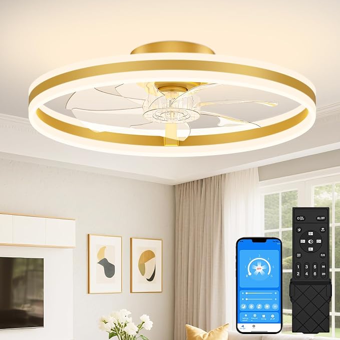 VOLISUN Low Profile Ceiling Fans with Lights and Remote, 24in Flush Mount Ceiling Fans with Light, 3000K-6500K Dimmable Fandelier LED Fan Light, Gold Bladeless Ceiling Fans with Lights for Bedroom