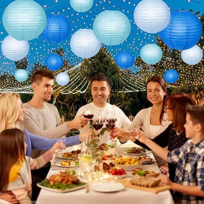 Blue Paper Lanterns Decorative,Hanging Chinese Lanterns Indoor Outdoor for Birthday, Wedding, Christmas, Bridal, Home Decor, Ceiling Decorations(Size of 4”, 6”, 8”, 10”,12Pcs)