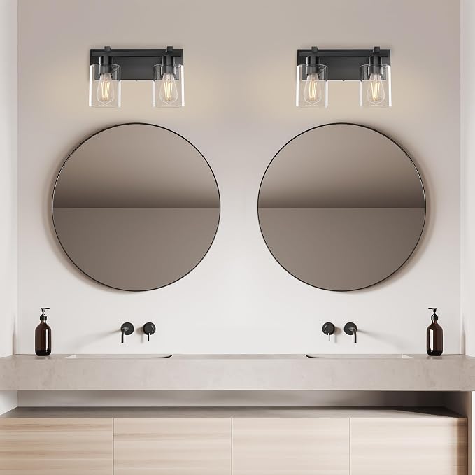 2-Light 13inch Matte Black Vanity Light, Thickened Clear Glass | Over Mirror for Bathroom, Rust Resistant, E26 Base, Easy Install, Removable Glass Shade Horizontal Mount, Dimmable