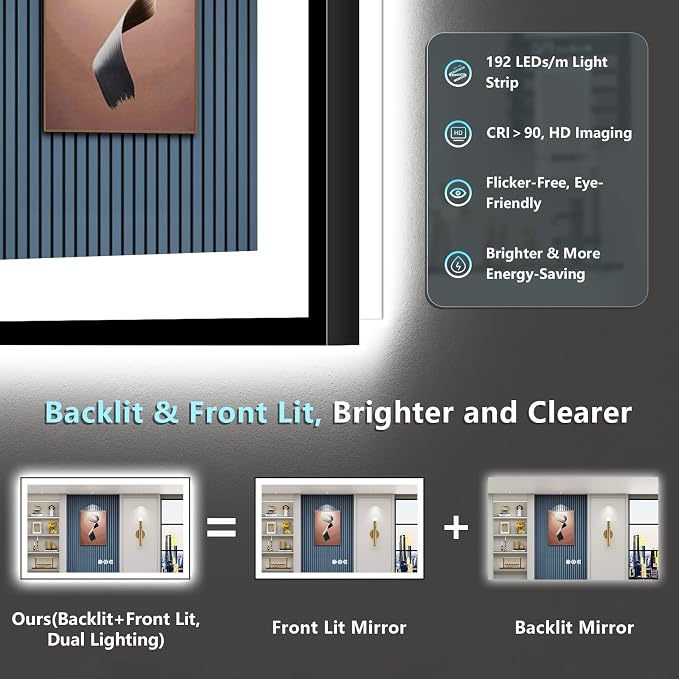 50x32 Black LED Bathroom Mirror, Backlit & Front Lit Lighted Mirror | Metal Framed Anti-Fog Vanity Mirror with Lights, 3 Color Dimmable, Memory, HD Tempered Glass, CRI95, UL Listed, Wall Mounted