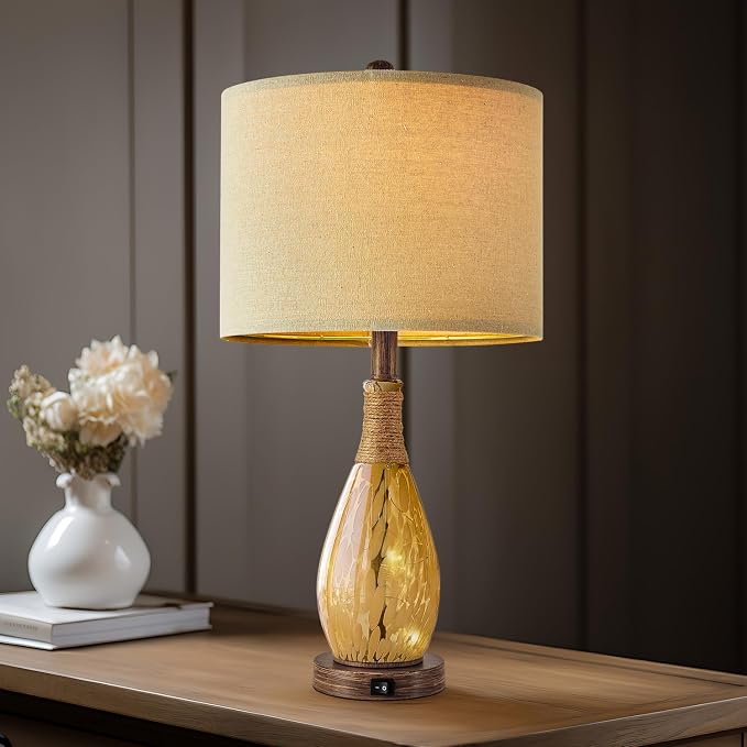 23" USB A+C Table Lamp for Bedroom Living Room Modern Bedside Lamps Retro Farmhouse Rattan Glass Nightstand Nightlight Lamps (Amber),Two Light Points