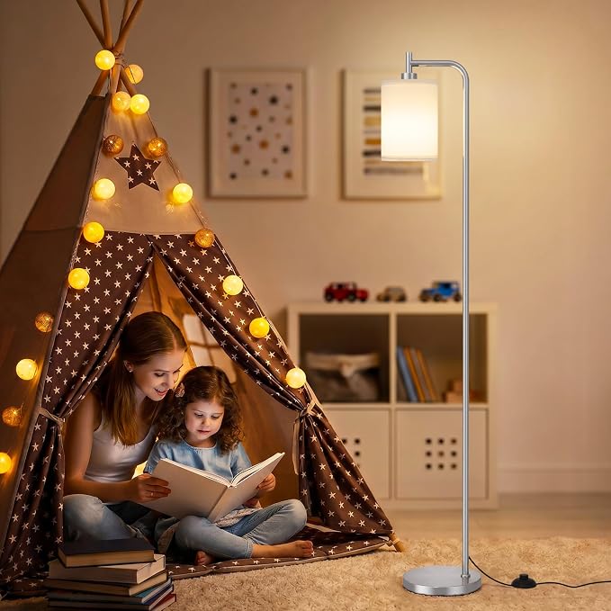 Ziisee 64" Floor Lamp for Living Room with Remote Control, White Shade with Brushed Nickel Pole, Dimmable Tall Lamps for Bedroom Office Corner, 9W LED Bulb Included