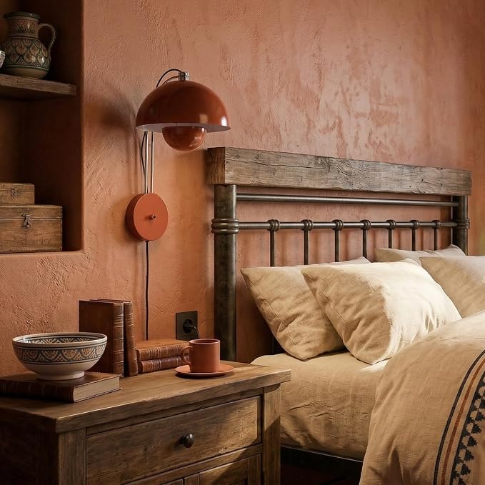 COSYLUX Mid-Century Modern Bud Plug in Wall Sconces, Rust Red | Indirect lighting reading wall lamp, all-metal construction, plug-in or hardwired install, fits bedroom bedside, living room